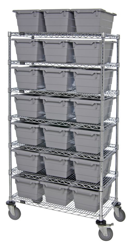 The Quantum Bin System Unit is a mobile shelving unit, 60W x 18D x 69H, featuring seven wire shelves and 24 gray bins (17-1/4L x 11W x 8H), with four chrome-plated swivel casters (two with brakes), ensuring organized storage and easy mobility.