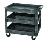 The Quantum Utility Cart is a three-shelf unit made from durable polymer, with a 550 lb. capacity. It includes raised-edge shelves, four 5 casters (two rigid and two swivel), and a push handle for convenient maneuverability, all in gray.