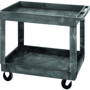 The Quantum Utility Cart features two shelves, a push handle, and four 5 casters (two rigid, two swivel). It has a robust 550 lb. capacity for heavy-duty tasks and is made of gray polymer.