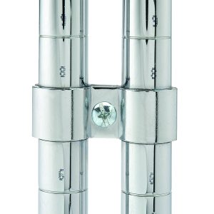 Close-up of the Quantum Post Clamp, 1/2, displaying a shiny metal rod structure with two parallel vertical rods, a horizontal bar connector, and a central screw. The rods are marked with vertical numbers. Set against a plain white background.