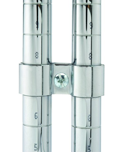 Close-up of the Quantum Post Clamp, 1/2, displaying a shiny metal rod structure with two parallel vertical rods, a horizontal bar connector, and a central screw. The rods are marked with vertical numbers. Set against a plain white background.