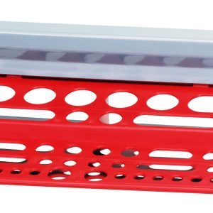 The Quantum Plastic Cart Tool Holder is a red organizer with circular and oval holes for tools, mounted on a silver metal rack. Its perfect for use with standard shelf plastic carts to optimize workspace organization.
