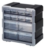 The Quantum Plastic Drawer Cabinet measures 6-1/4L x 10-1/2W x 10-1/4H and features (8) 5-1/2L x 2W x 1-1/4H drawers, (4) 5-1/2L x 4-1/4W x 2H drawers, each with a divider. It offers stable stacking and easy wall mounting for versatile organization.