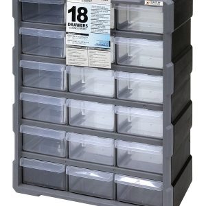 The Quantum Plastic Drawer Cabinet, measuring 6-1/4L x 10-1/2W x 10-1/4H, features a gray finish, stable stacking, and easy wall mounting. It includes 18 transparent drawers with dividers and an eight-left, ten-right staggered layout.