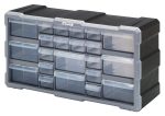 The Quantum Plastic Drawer Cabinet, 6-1/4L x 19-1/2W x 10H, boasts a sleek black frame with gray edges and grid pattern. It features (14) 5-1/2L x 2W x 1-1/4W drawers and (8) 5-1/2L x 4-1/4W x 2H drawers, each with a divider for organizing small items, and allows stable stacking or wall mounting.