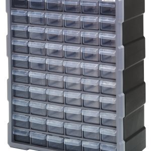 The Quantum Plastic Drawer Cabinet, measuring 6-1/4L x 15W x 18-3/4H, includes 60 transparent drawers with dividers, ideal for organizing small items. The sturdy frame ensures stable stacking and easy wall mounting.