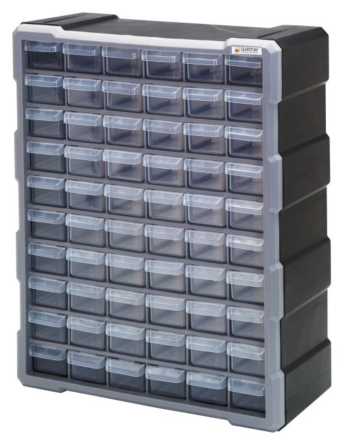 Plastic Drawers -60 The Quantum Plastic Drawer Cabinet, measuring 6-1/4L x 15W x 18-3/4H, includes 60 transparent drawers with dividers, ideal for organizing small items. The sturdy frame ensures stable stacking and easy wall mounting.
