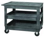 The Quantum Utility Cart offers a 550 lb. capacity with three flat-top shelves, a push handle, and (4) 5 casters (2 rigid, 2 swivel). Its gray polymer build is perfect for organizing or transporting items in diverse settings. This product ships knocked down.