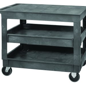 The Quantum Utility Cart offers a 550 lb. capacity with three flat-top shelves, a push handle, and (4) 5 casters (2 rigid, 2 swivel). Its gray polymer build is perfect for organizing or transporting items in diverse settings. This product ships knocked down.