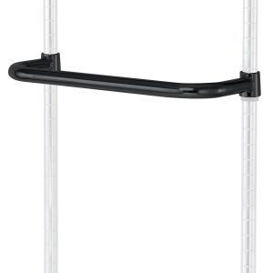 The Quantum Push Handle features a black epoxy antimicrobial finish with a sleek, rounded design. It attaches to two vertical, grooved silver poles positioned 18W apart against a plain white background, forming an open rectangular shape.