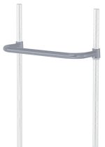 The Quantum Push Handle, 18W, with a gray epoxy antimicrobial finish, is fixed between two vertical metal poles to enhance stability and structure in shelving systems. The industrial design is accentuated against a plain white background.