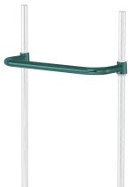 A Quantum Push Handle, with an 18W span and green epoxy antimicrobial finish, is mounted on two transparent rods. The design offers multiple height adjustments marked on the rods, and its curved form efficiently supports shelves.