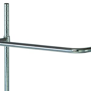 The Quantum Push Handle, 21W with a chrome-plated finish, spans horizontally between vertical posts in a modular shelving system. It is adjustable along the notched posts and has a shiny, reflective surface.