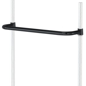 The Quantum Push Handle, 24W, in a black epoxy antimicrobial finish, attaches between two grid-like poles of a shelving unit. This industrial-style component offers a durable and sleek storage solution when secured at both ends.