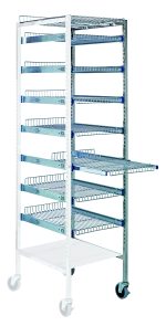 The Quantum Partition Store Pull Out Basket Cart Add-On Unit features a chrome-plated frame on wheels with eight wire shelves. It includes pull-out drawer functionality, a bottom dust cover, cross bars for stability, and (2) 4 casters, (1) with brake, designed for organized storage.