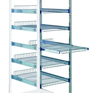 The Quantum Partition Store Pull Out Basket Cart Add-On Unit features a chrome-plated frame on wheels with eight wire shelves. It includes pull-out drawer functionality, a bottom dust cover, cross bars for stability, and (2) 4 casters, (1) with brake, designed for organized storage.