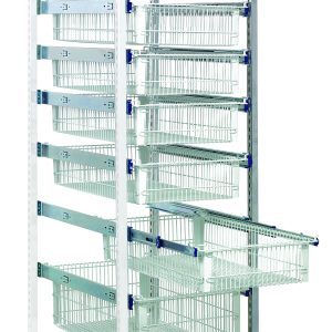 The Quantum Partition Store Pull Out Basket Cart Add-On Unit features a chrome-plated frame with full extension slides and wire baskets. It includes a bottom dust cover, four cross bars, two 4 casters (one with brake), and ensures stability and security with its design.