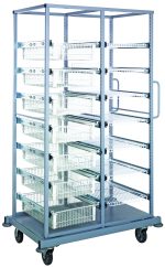 Introducing the Quantum Partition Store Double Bay Cart in white, measuring 44W x 29-1/2D x 74-1/2H. This metal storage solution includes seven 5 wire baskets, seven shelves, and 50 hanging label tags. It glides on four wheels for effortless organization and transport of essentials.