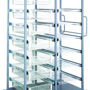 Introducing the Quantum Partition Store Double Bay Cart in white, measuring 44W x 29-1/2D x 74-1/2H. This metal storage solution includes seven 5 wire baskets, seven shelves, and 50 hanging label tags. It glides on four wheels for effortless organization and transport of essentials.