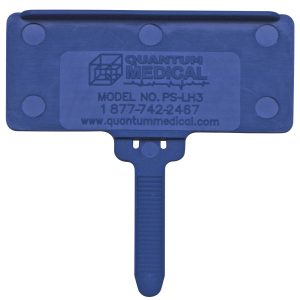 The Quantum Hanging Label Tag is a blue plastic medical device with a handle, QUANTUM MEDICAL MODEL NO. PS-LH3, and a phone number. It features a cube graphic with a heartbeat line and fits 1-3/8 x 3 adhesive labels. Available in packs of 25.