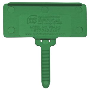 The Quantum Hanging Label Tag fits 1-3/8 x 3 adhesive labels and comes in a pack of 25. This product, featuring a rectangular top and textured handle, is green in color and includes contact details like a phone number and website URL for easy reference.
