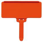The Quantum Hanging Label Tag is an orange, rectangular plastic sign with a gripped handle, designed to fit a 1-3/8 x 3 adhesive label seamlessly. Pack of 25.