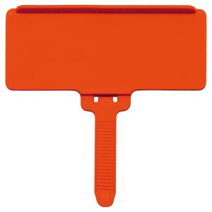 The Quantum Hanging Label Tag is an orange, rectangular plastic sign with a gripped handle, designed to fit a 1-3/8 x 3 adhesive label seamlessly. Pack of 25.