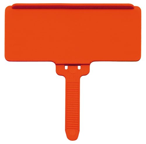 The Quantum Hanging Label Tag is an orange, rectangular plastic sign with a gripped handle, designed to fit a 1-3/8 x 3 adhesive label seamlessly. Pack of 25.