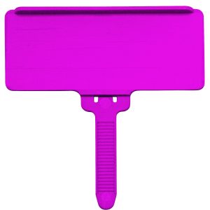 The Quantum Hanging Label Tag features a bright pink rectangular board with a textured handle, fitting 1-3/8 x 3 adhesive labels. Sold in packs of 25, these tags offer a blank surface for customizable messages, with the white background enhancing their vivid color.