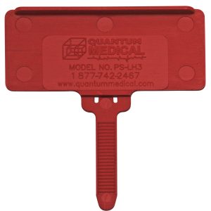 The Quantum Hanging Label Tag in vibrant red (model PS-LH3) fits a 1-3/8 x 3 adhesive label and features a rectangular shape with a convenient tab. Contact at 1-877-742-2467 or visit www.quantummedical.com.