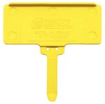 The Quantum Hanging Label Tag is a sleek yellow plastic device designed for easy use with a 1-3/8 x 3 adhesive label. It features a flat rectangular top, the QUANTUM MEDICAL embossing, and MODEL NO. PS-LH3, with a handle and circular indents for efficient hanging. Contact: 1-877-742-2467.
