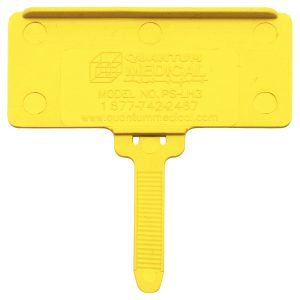 The Quantum Hanging Label Tag is a sleek yellow plastic device designed for easy use with a 1-3/8 x 3 adhesive label. It features a flat rectangular top, the QUANTUM MEDICAL embossing, and MODEL NO. PS-LH3, with a handle and circular indents for efficient hanging. Contact: 1-877-742-2467.