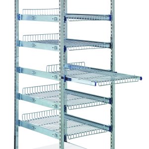 The Quantum Partition Store Starter Unit features 7 adjustable wire shelves on slides, a bottom dust cover, and 25 hanging label tags. Measuring 19-1/2L x 24D x 75H with a chrome-plated finish, it offers organized storage and mobility.