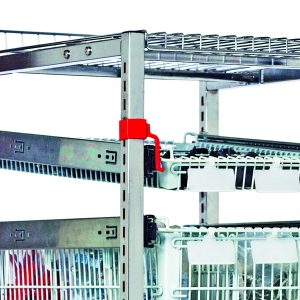 The Quantum Partition Store features a metal shelving unit with multiple wire baskets and shelves, a red safety stop on the left side for enhanced stability, and white labels on the baskets, making it perfect for efficient organization.