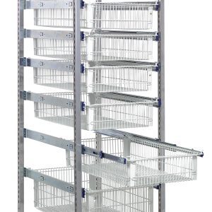 The Quantum Partition Store Starter Unit features a 19-1/2L x 24D x 75H metal frame with wheels and vertically adjustable wire baskets, including (1) 3, (6) 5, and (1) 8 basket. It comes with a safety top, bottom dust cover, chrome finish, and (25) hanging label tags for versatile storage.