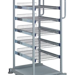 The Quantum Partition Store Single Bay Cart in a chrome finish is a sleek utility cart, measuring 25W x 29-1/2D x 58-1/2H. It includes six adjustable wire shelves and 25 hanging label tags for effortless organization and easy mobility.