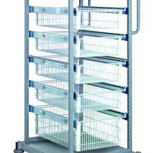 The Quantum Partition Store Single Bay Cart features a white finish and includes (1) 3, (4) 5, and (1) 8 wire baskets. Equipped with a sturdy frame, handle, large caster wheels for easy mobility, and (25) hanging label tags for organized item transport. Dimensions: 25W x 29-1/2D x 58-1/2H.