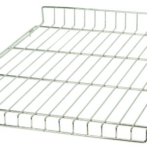The Quantum Partition Store, Chrome Top Shelf is a metal wire oven rack with horizontal and vertical bars, designed to hold food or baking trays securely. Its slightly raised edges offer added stability for even the heartiest dishes while cooking.