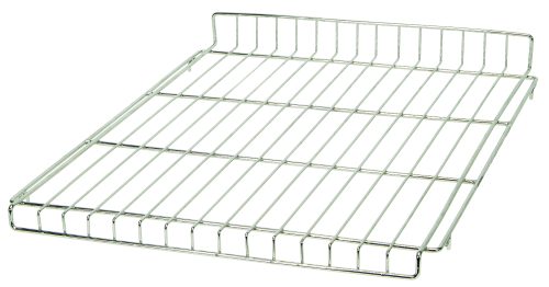 The Quantum Partition Store, Chrome Top Shelf is a metal wire oven rack with horizontal and vertical bars, designed to hold food or baking trays securely. Its slightly raised edges offer added stability for even the heartiest dishes while cooking.