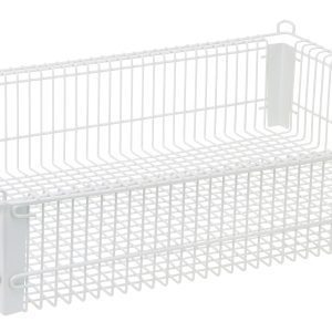 The Quantum Partition Store 14W x 22D x 5H Wire Basket is white, rectangular, and features a grid pattern with side handles, making it ideal for storage and organization.