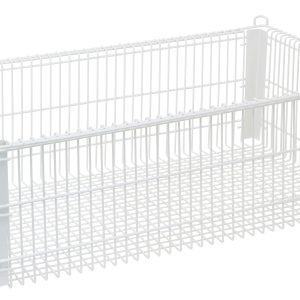 The Quantum Partition Store wire basket, 14W x 22D x 8H, is shown against a plain background. This white metal basket, featuring side handles and a grid pattern, is perfect for organizing items.