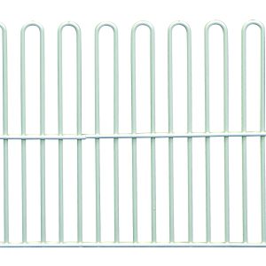 The Quantum Partition Store features a light green wire rack with vertical loops forming a rectangle, perfect for partitions. It includes an 8 Basket Long Divider and a lower horizontal support bar for structure and stability.