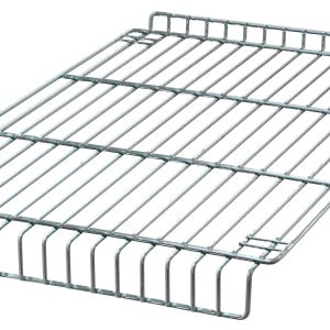The Quantum Partition Store is a rectangular metal wire rack with a sleek chrome-plated finish, showcasing evenly spaced parallel bars and raised edges, angled against a white background.