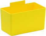 The Quantum Bin Cup is a bright yellow rectangular container with dimensions of 5-1/8L x 2-3/4W x 3H, featuring smooth edges and an extended flat tab on the back. Made in the USA.