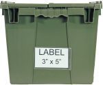 A green plastic storage bin with a closed lid features a Quantum Adhesive Label Holder, 5 x 3. Two handles on either side ensure easy carrying. Clear label holders come in packs of 24 for versatile organization.