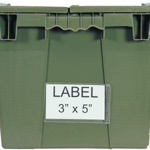 A green plastic storage bin with a closed lid features a Quantum Adhesive Label Holder, 5 x 3. Two handles on either side ensure easy carrying. Clear label holders come in packs of 24 for versatile organization.