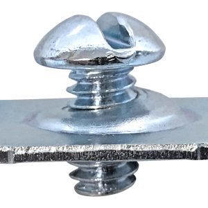 Close-up of a butterfly bolt, featuring a slotted round head and wing-like extensions. This shiny silver hardware is essential for the Quantum Disk And Screw Kit to mount QTB bins onto frame rails, available in a pack of 2.