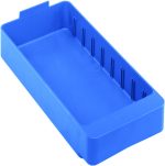 The Quantum Super Tuff Euro Drawer is a blue, high-impact polystyrene storage bin with dimensions 11-5/8L x 5-9/16W x 2-1/8H, featuring a smooth base and vertical interior ridges. Made in the USA.