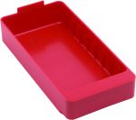 The Quantum Super Tuff Euro Drawer is a red, rectangular storage bin made of high-impact polystyrene in the USA. It measures 11-5/8L x 5-9/16W x 2-1/8H, has a smooth base, raised edges on one side, and ridges inside—ideal for organizing small items.