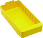 The yellow Quantum Super Tuff Euro Drawer, made in the USA from high-impact polystyrene, measures 11-5/8L x 5-9/16W x 2-1/8H. It features a smooth interior, eight small vertical ridges on one side, and a tab for easy handling.